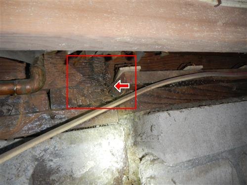 Crawlspace framing over a block foundation with a red box and arrow at a termite-damaged sill plate