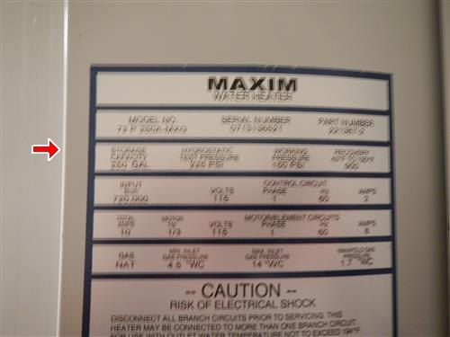 Red arrow at the storage capacity line of a Maxim water heater data plate