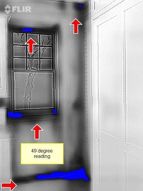 Thermal image of a window with blue cold areas and a 49 degree reading label