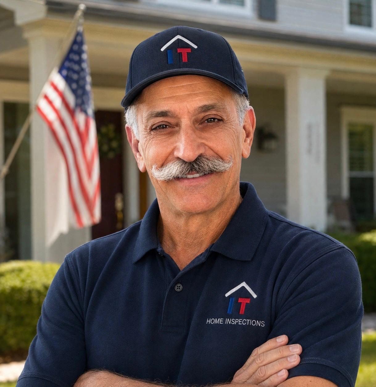 Lou Rubino outside a home, wearing an Inspect This Home Inspections cap and polo, with an American flag behind him