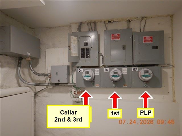 A multi-occupancy meter bank with circuits labelled by floor, so the report says which one is yours.