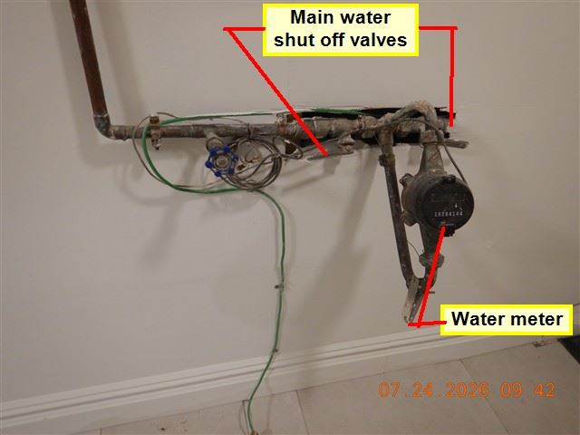 Main shut-off and meter, labelled on the photograph so you can find them in an emergency.