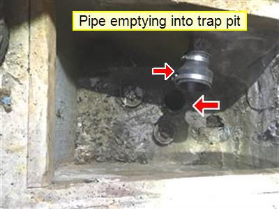 A waste pipe discharging into a trap pit, with the inspector's callout label.
