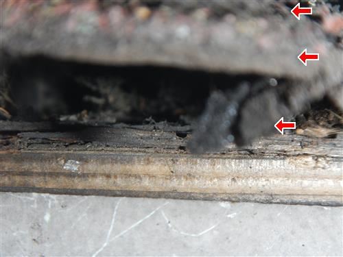 Close-up inspection photograph of a roof edge showing layer build-up