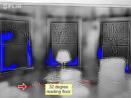 Thermal imaging across a slab floor. On a Levitt-era house with heating pipes in the concrete, this is how a leak is fou