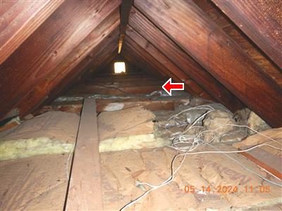 Attic with exposed rafters and thin batts of insulation between ceiling joists, a red arrow pointing to the far end.