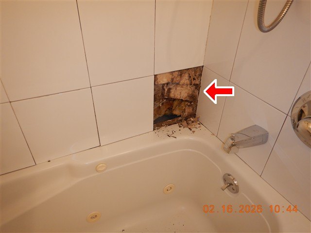 A bathtub surround with tile fallen away, exposing the deteriorated wall cavity behind, arrowed.