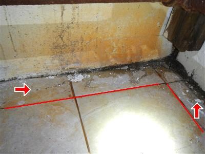 Basement floor tiles meeting a stained wall, with red arrows and a red line marking water seepage along the base.