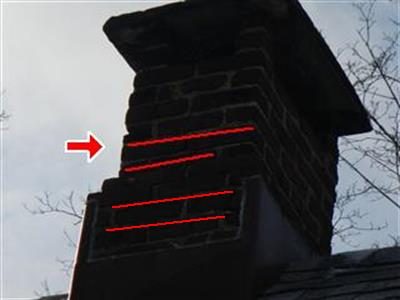 Brick chimney against a grey sky with four horizontal red lines drawn along its mortar joints and a red arrow.