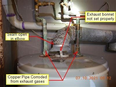Top of a water heater with labelled callouts: exhaust bonnet not set properly, seam open in elbow, copper pipe corroded.