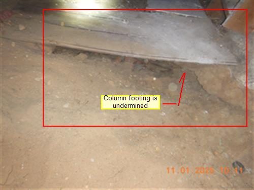 Soil floor beneath a house with a sunken hole next to a block column, labelled 'Column footing is undermined'.