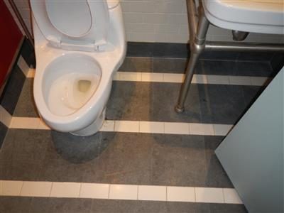 Hall bathroom floor with a white toilet and pedestal sink on grey and white striped tile.