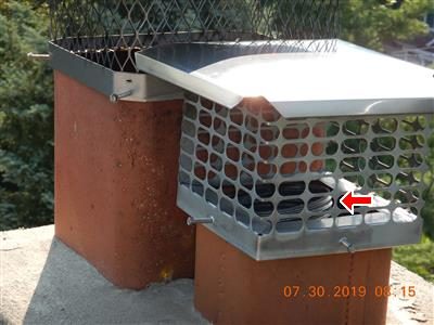 Two clay chimney flues with metal mesh caps; a red arrow points to the stainless liner inside one flue.