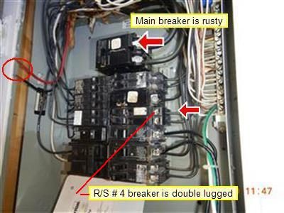 Open breaker panel with labels reading main breaker is rusty and R/S number 4 breaker is double lugged, with red arrows.