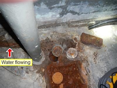 Basement floor opening with rusted pipes and standing water beside a column, labelled 'Water flowing'.