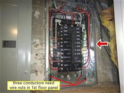 Open electrical panel with rows of breakers, red arrow and lines pointing at loose conductors at the bottom.