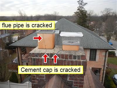 Chimney top with two clay flue tiles, labels reading flue pipe is cracked and cement cap is cracked, with red arrows.