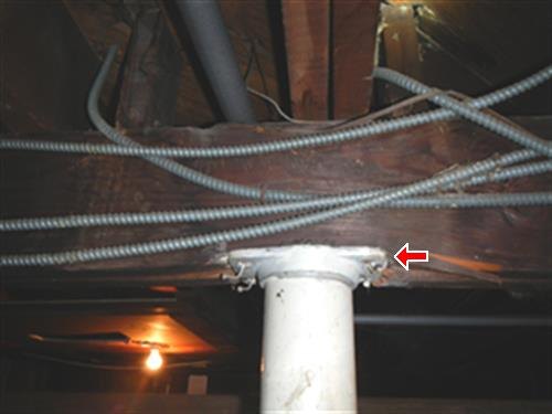 A steel lally column supporting a wood beam in a crawlspace, with armored electrical cables running across the joists.
