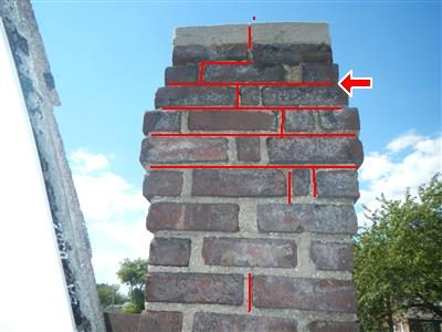 Brick chimney top with a cracked concrete cap and several mortar joints traced in red, a red arrow at the upper right.