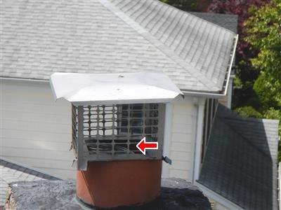 Clay chimney flue with screened metal cap, red arrow pointing at debris inside the screen