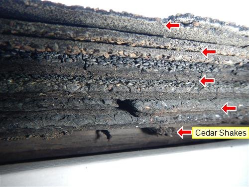 A roof edge showing multiple layers of asphalt shingles stacked over cedar shakes, labelled and arrowed.