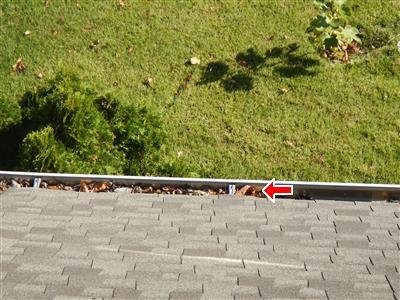 Asphalt shingle roof edge with a gutter holding leaves and debris, red arrow pointing into the gutter