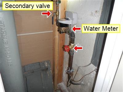 Water meter and two valves on a vertical pipe in a narrow closet, marked with labels and arrows