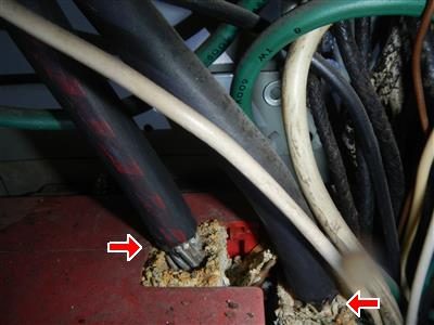 Thick black service cables entering a panel with white corrosion at the lugs, two red arrows pointing at the connections.