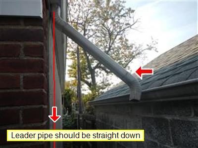 Grey leader pipe angling from a brick wall to a garage roof edge, with a red arrow and a label reading leader pipe should be straight down.