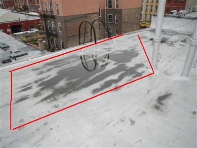 Flat rubber-membrane roof with a dark wet area outlined in red, buildings visible beyond the roof edge.