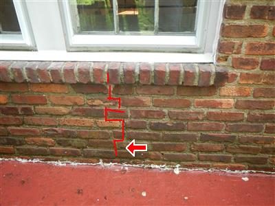 Brick wall below a window with a stepped crack traced in red and a red arrow pointing at it, above a red painted patio floor.