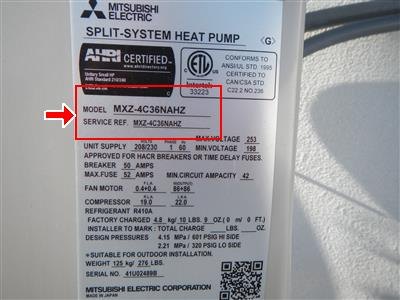 The manufacturer's data plate of a split-system heat pump with the model number boxed.