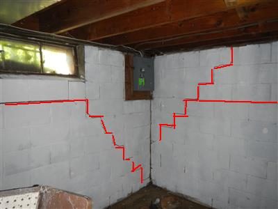 Painted block basement walls with red step-pattern lines tracing cracks on both sides of a corner.