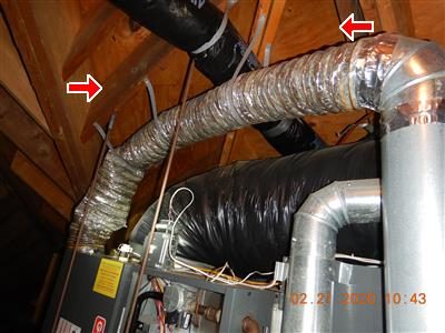 Attic with a furnace below bare wood rafters and flexible ducts; two red arrows point at the exposed framing above.