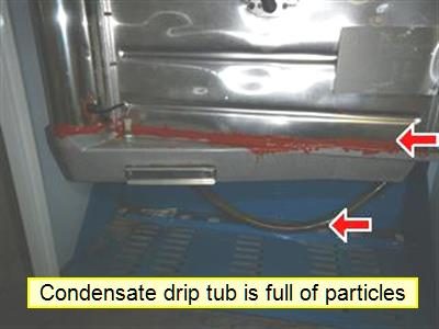 Metal drip tray inside a heating unit with red sealant on its edge, two red arrows and a label reading drip tub full of particles.