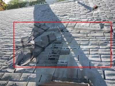 Grey asphalt shingle roof with a large patch of loose, curled and missing shingles outlined by a red rectangle.