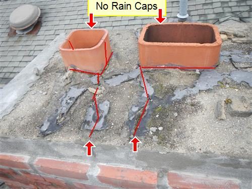 Top of a brick chimney with two clay flues, red cracks drawn across the concrete cap and the label 