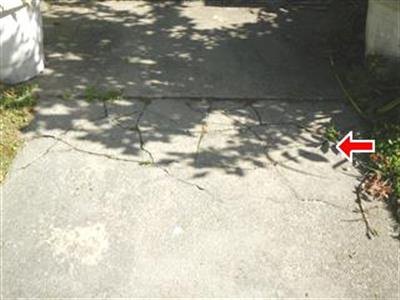 A concrete walkway with settlement cracks running through it, one crack arrowed.