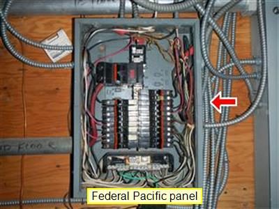 Open electrical panel with rows of breakers and conduit, labelled Federal Pacific panel, red arrow at the right side.