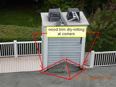Sided chimney chase rising through a roof beside a deck, red lines marking the cricket and a label reading wood trim dry-rotting at corners.