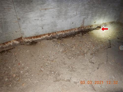 Concrete foundation wall meeting a dirt floor with a gap and rust staining along the base, marked by a red arrow.