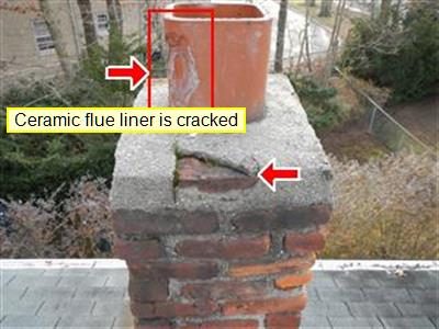 Brick chimney top with a cracked cement cap and a terracotta flue liner, labelled ceramic flue liner is cracked, two red arrows.