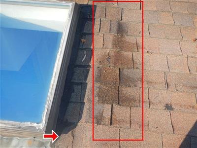 Asphalt shingle roof beside a skylight with a red box marking stained, worn shingles