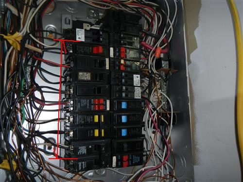Crowded electrical panel with many breakers and wires, a red bracket marking a column of terminals on the left.