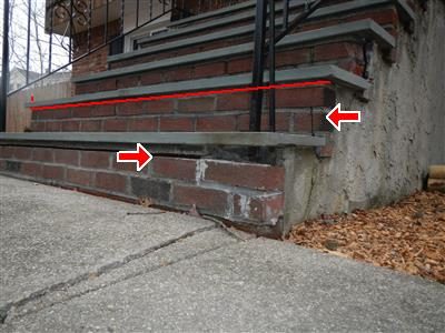 Brick front stoop with bluestone treads, a red line along the risers and arrows at loose brick.