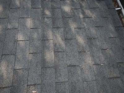 Close-up of grey asphalt shingles on a roof slope with leaf debris in dappled shade.
