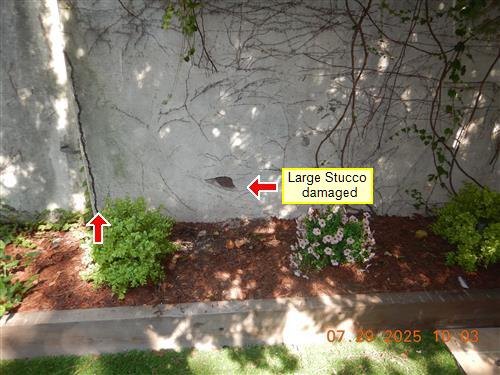 Stucco wall above a planting bed with a hole and crack, labeled large stucco damaged
