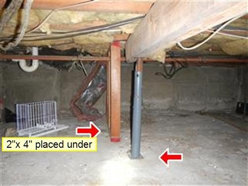 Crawl space with a steel screw jack and a wood post supporting a beam over a thin concrete floor, with red arrows and a label.