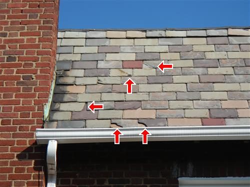 Multi-coloured slate roof beside a brick chimney, five red arrows marking loose, missing and cracked slates above the gutter.