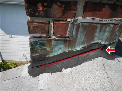 Brick chimney base on a shingle roof with tarred copper flashing, a red line marking a crack along the flashing.
